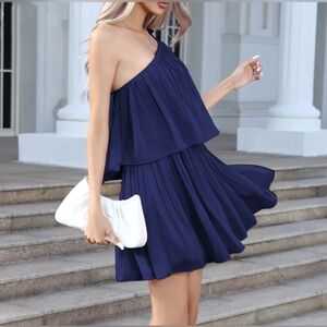 Exlura- Blue One-Shoulder Tiered Chiffon Cocktail Mini Dress- Size Medium